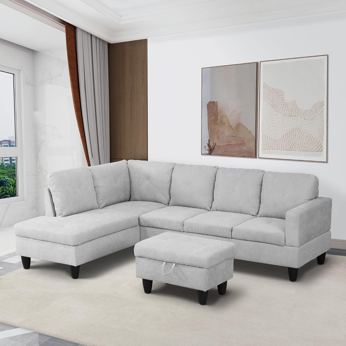 97" L-Shaped Corner Sofa with Left Chaise & Movable Storage Ottoman, 6 Seat Flannelette Fabric Sectional Couch, Wood Legs & Frame H475671