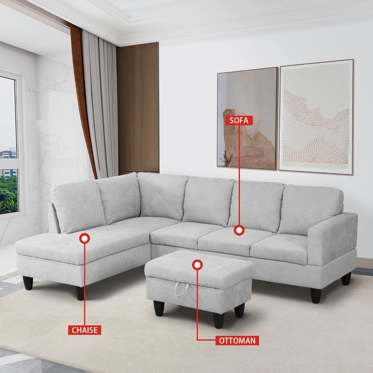 97" L-Shaped Corner Sofa with Left Chaise & Movable Storage Ottoman, 6 Seat Flannelette Fabric Sectional Couch, Wood Legs & Frame H475671