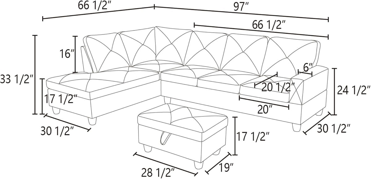 97" L-Shaped Corner Sofa with Left Chaise & Movable Storage Ottoman, 6 Seat Flannelette Fabric Sectional Couch, Wood Legs & Frame H475671
