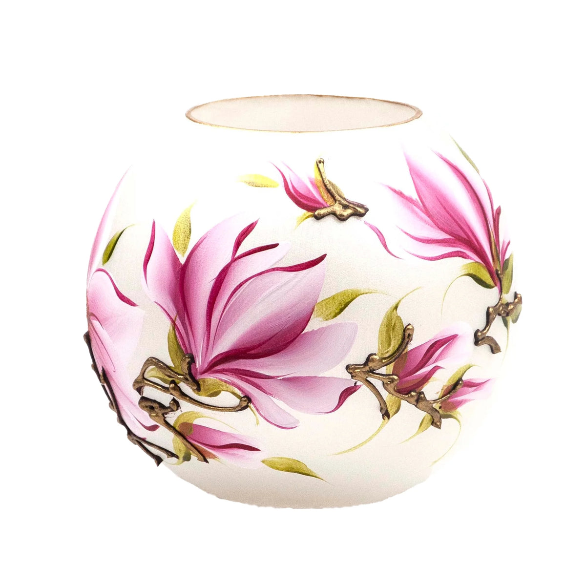 Handpainted Glass Vase - Pink Flowers - 6 Inch K83474