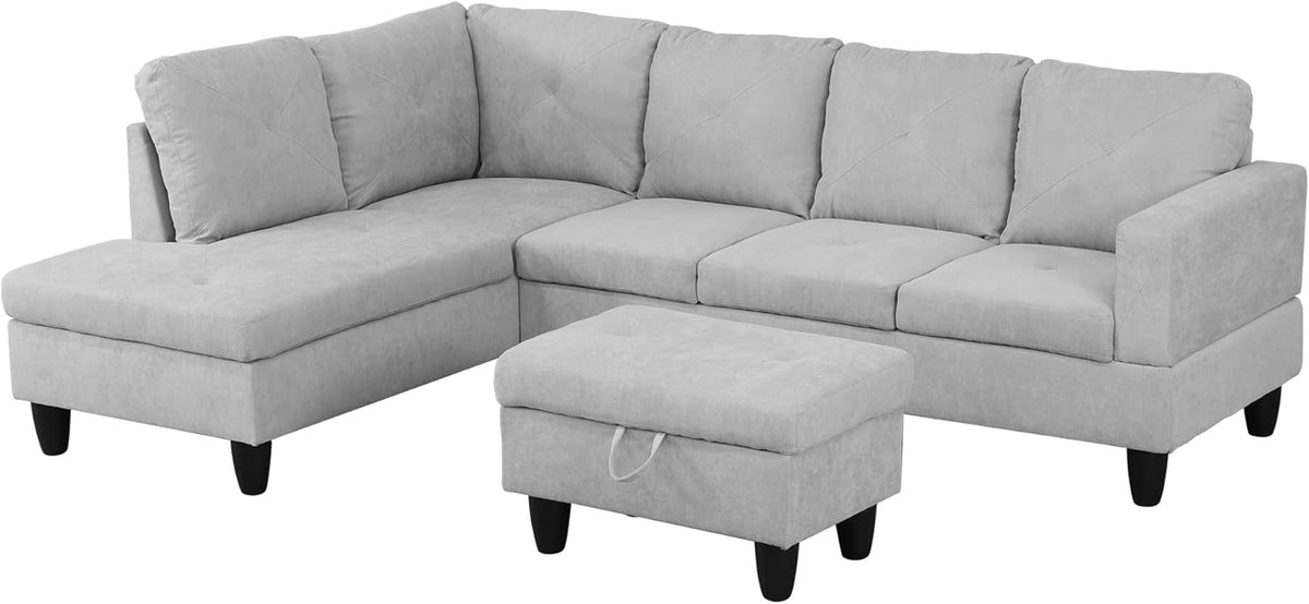 97" L-Shaped Corner Sofa with Left Chaise & Movable Storage Ottoman, 6 Seat Flannelette Fabric Sectional Couch, Wood Legs & Frame H475671
