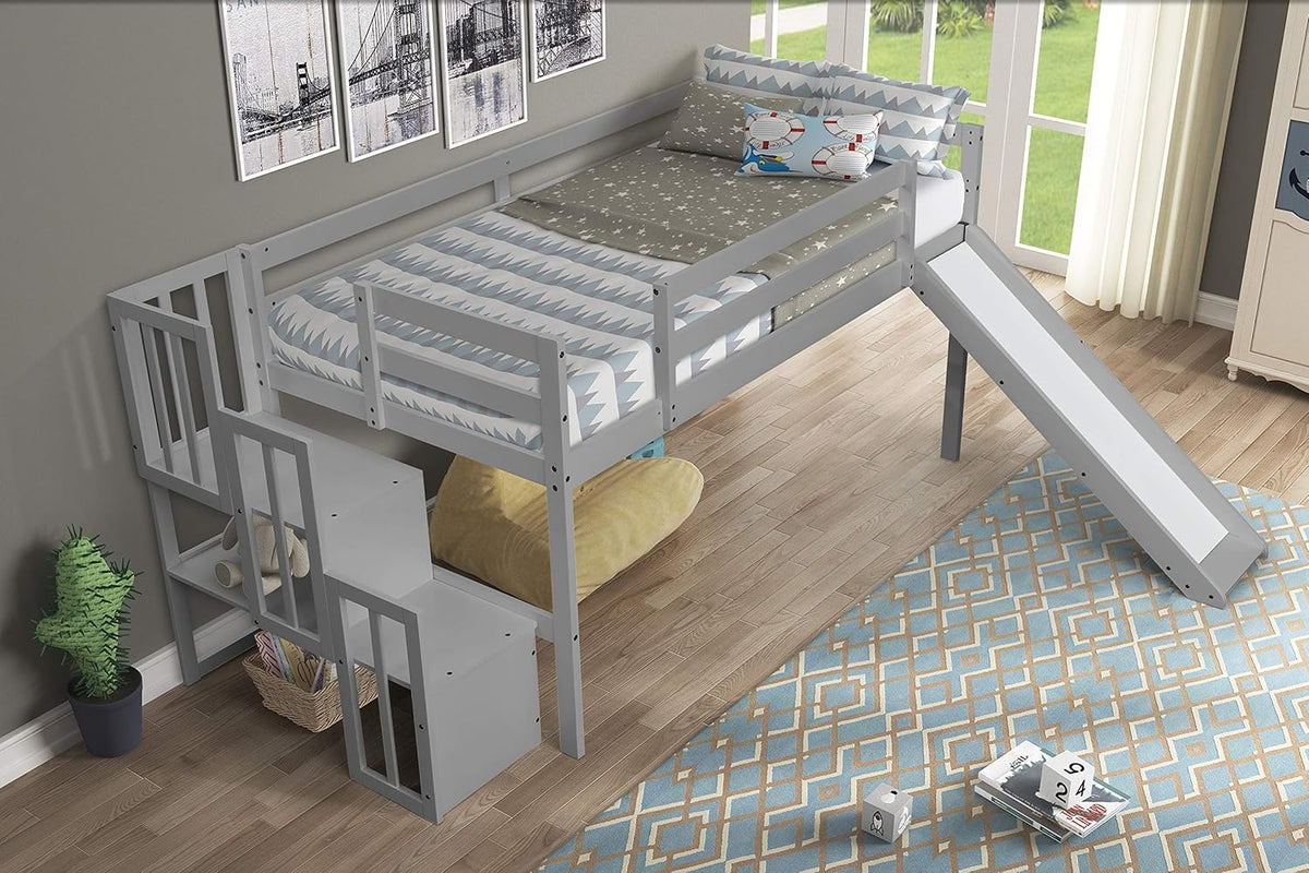 Twin Loft Bed with Slide and Storage Staircase Grey E5148
